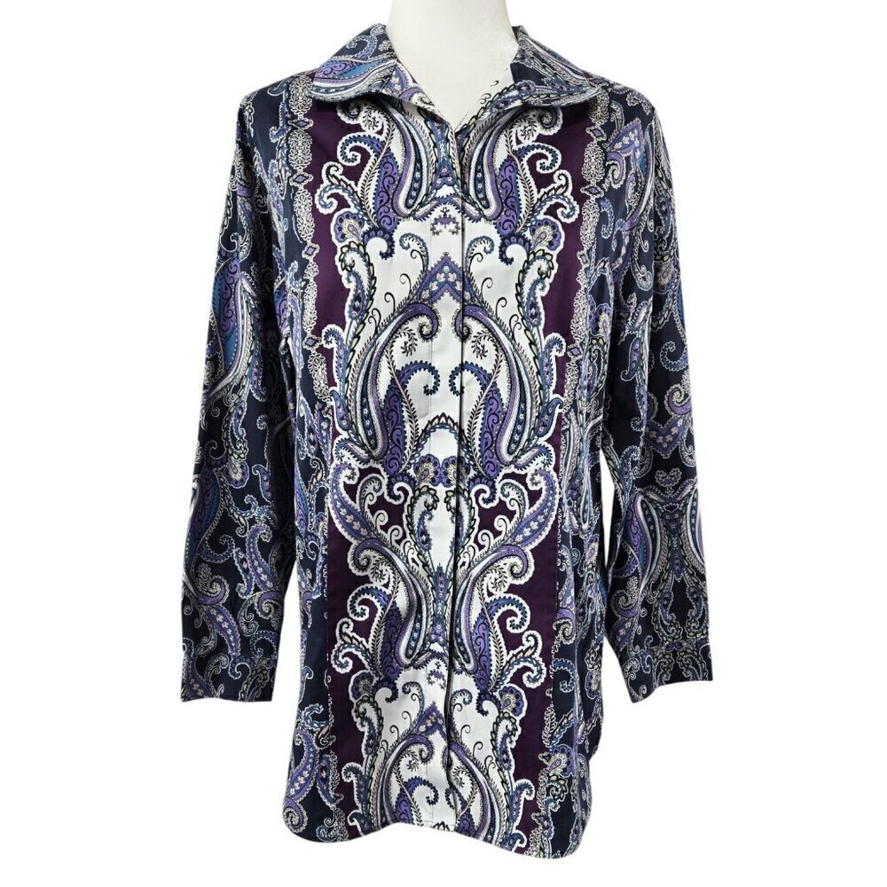 Chico's No Iron 100% Cotton Blue Purple Paisley Hidden Button Tunic Boho